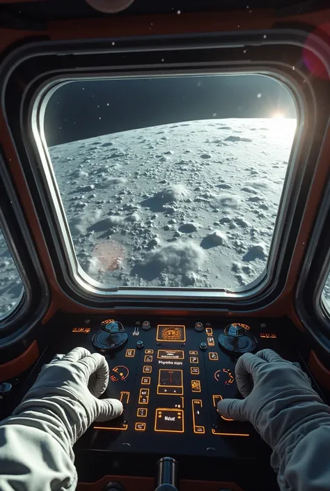 An ultra-realistic image in point-of-view (POV) style, capturing the first-person perspective of an astronaut inside the spacecraft cabin as it lands on the lunar surface. The illuminated control panel with buttons and digital screens is visible, while the...