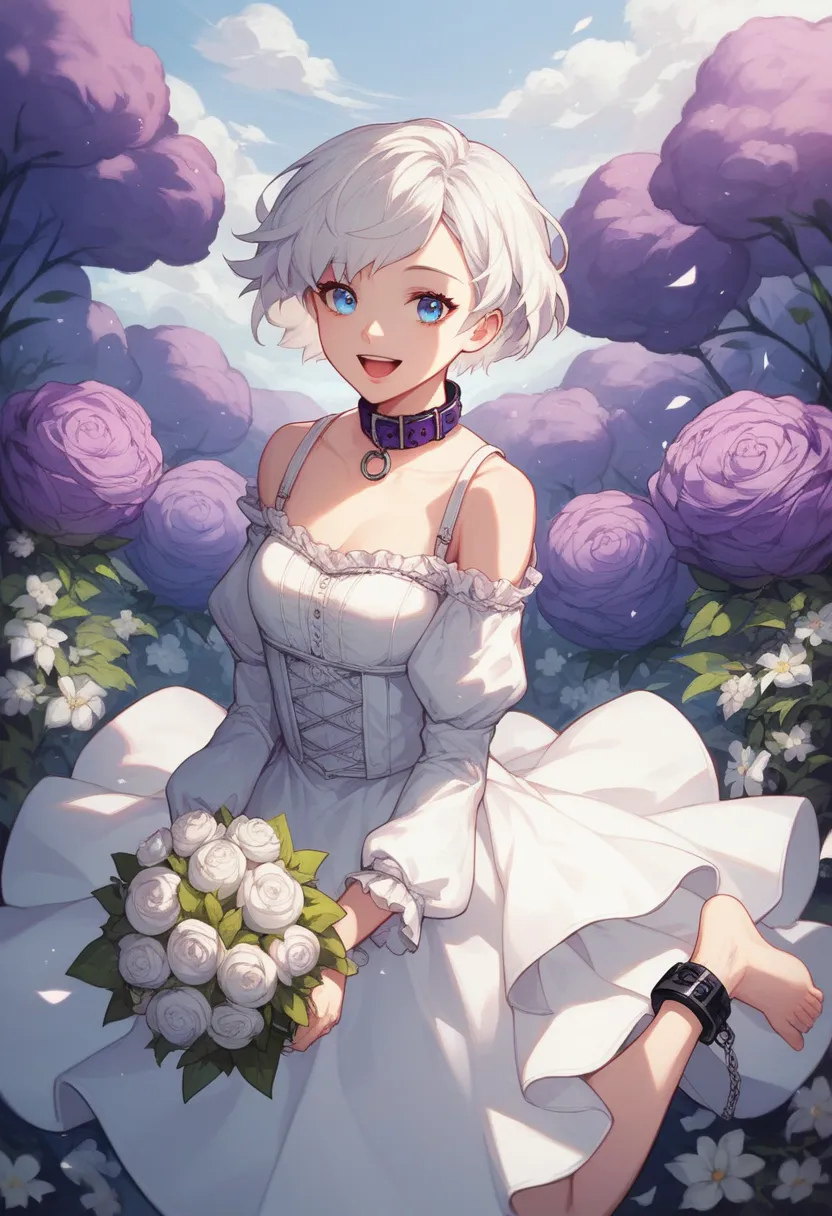 holding a bouquet of flowers, forest, purple sky, purple clouds, white flowers, Sariphi, 1girl, white hair, short hair, solo, blue eyes, dress, open mouth, collar, looking at viewer, anime coloring, white dress, smile, long sleeves, cuffs, collarbon, baref...