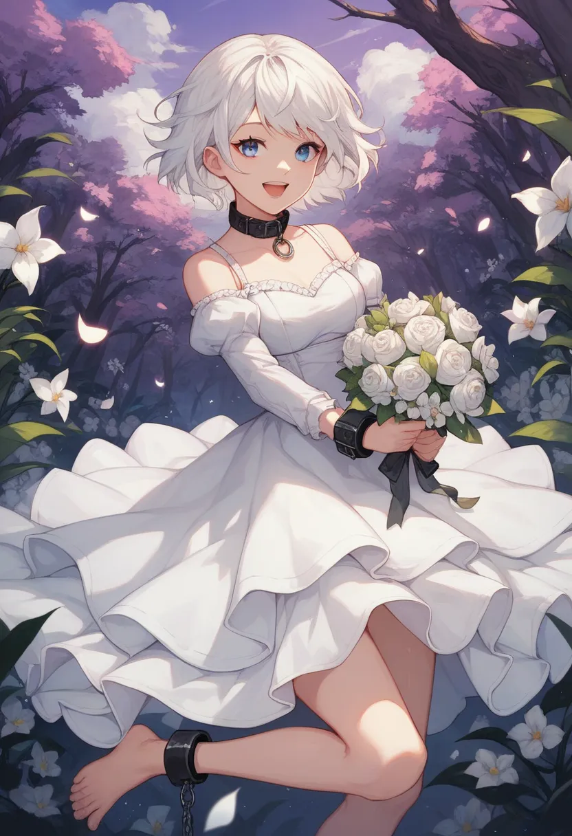 holding a bouquet of flowers, forest, purple sky, purple clouds, white flowers, Sariphi, 1girl, white hair, short hair, solo, blue eyes, dress, open mouth, collar, looking at viewer, anime coloring, white dress, smile, long sleeves, cuffs, collarbon, baref...