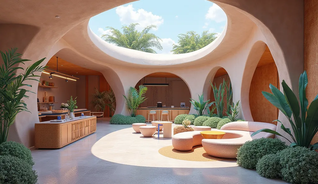 Inspired by the the shape of rolling dunes and the serene allure of Malaysian oases, this modern Abstract Futuristic style coffee shop with open air, blends organic forms, with a light, deep Lilac, Blue Green and Gold, and Lavender color palette, and color...