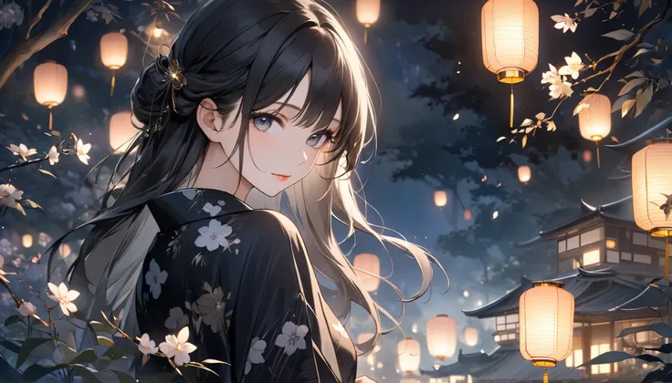 A close-up of a beautiful woman with long, flowing black hair wearing a black yukata. She gazes alluringly at the viewer with a soft, elegant expression, her features highlighted by the gentle moonlight. The background is an ethereal, dreamlike Japanese ni...