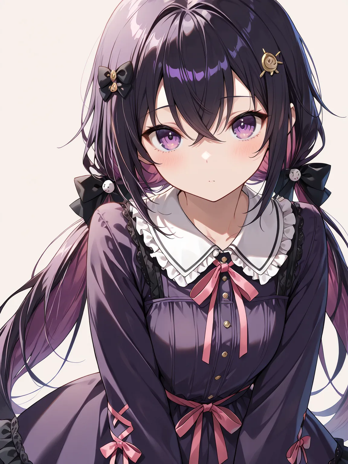 ((masterpiece, best quality, extremely detailed)), 1girl, purple hair, very long hair, crossed bangs, double-parted bangs, low twintails, collared shirt, frilled shirt collar, purple dress, layered dress, black frills, pink ribbon, black hair bow, hair orn...