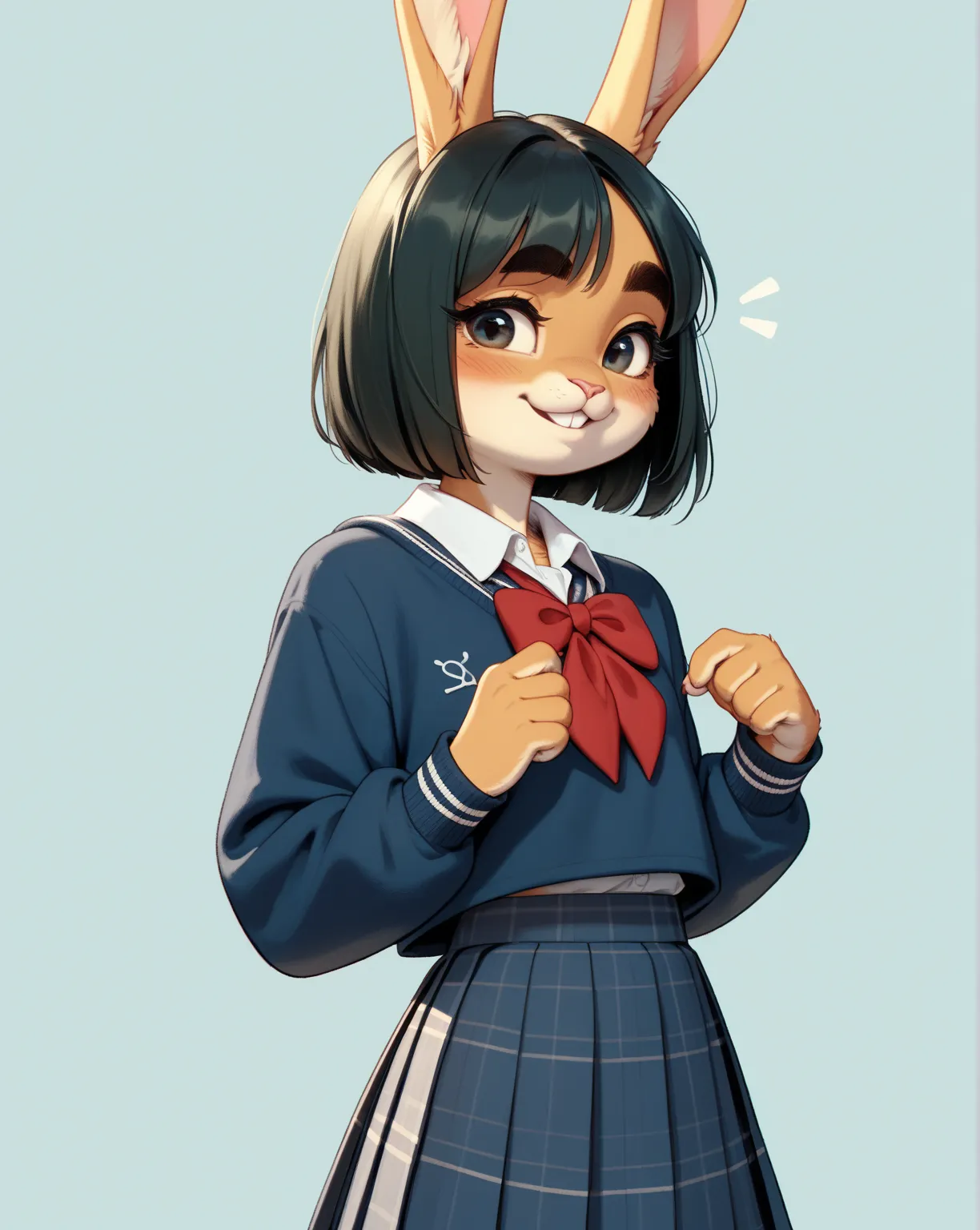 (furry rabbit face:0.9), girl , skinny , bob cut , beautiful hair over the eyes , Long eyelashes , Thick eyebrows , Double eyelids , Overbite , Sloping shoulders
, school uniform , jumper skirt
, bold pose , coquettish , sexsymbol