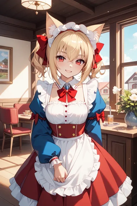 (((( Flemish Scarlet))))、pastel blue coat color、((cute cat ears))(( red eyes))、Smile、pastel burgundy maid clothes with frills、inside a big pink Western-style house、I can see my whole body down to my toes、20th Generation、Height: 160cm