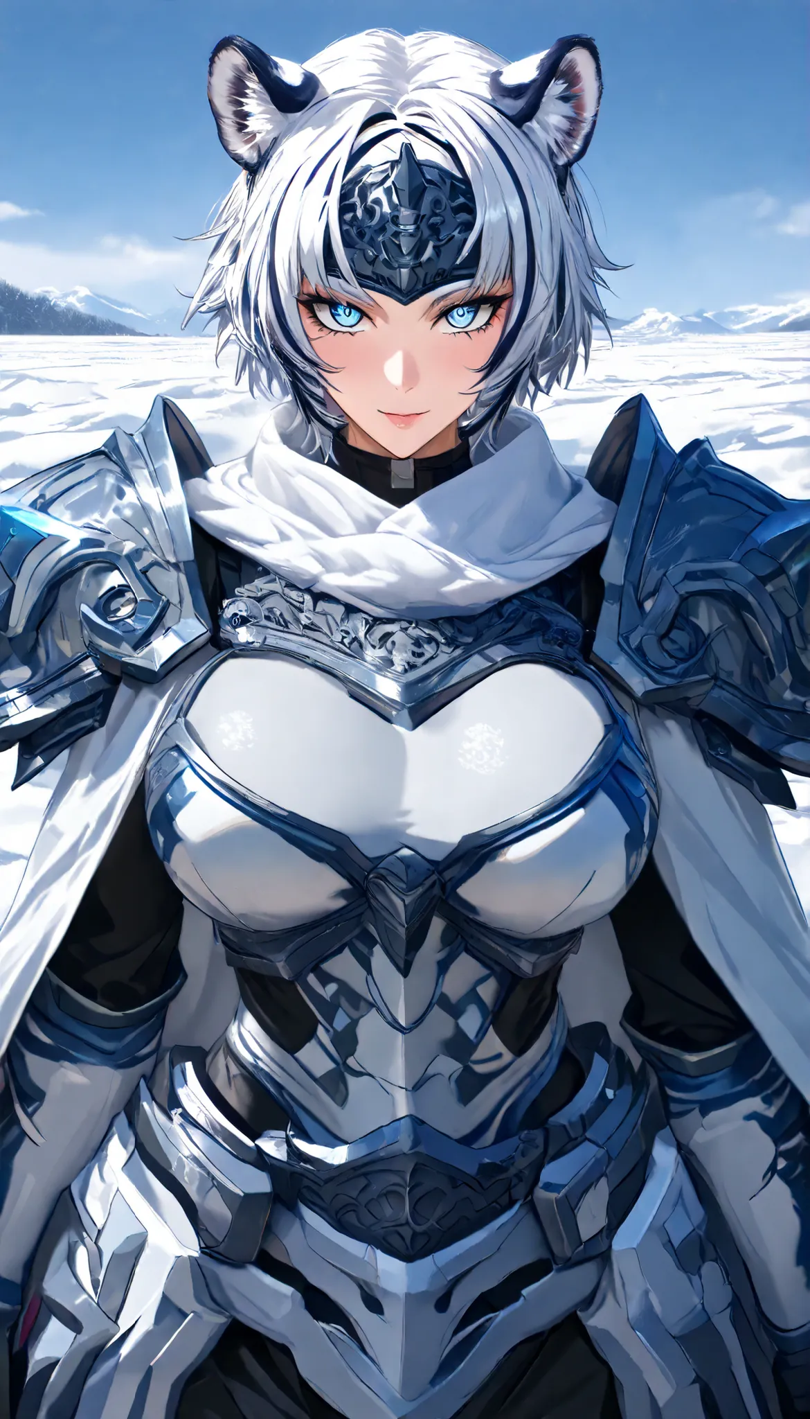 A Tiger Female ,Perfect body,Oppai (Black and White hair,short hair, streaked hair),White Tiger Metal Forehead Protector, Blue tiger eyes, Wearing A White Heavy Armor with black tiger stripes, White cape,Torogao, seductive smile, In A Snowfield, Snowy weat...