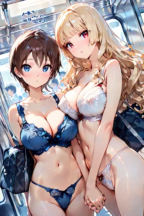 (masterpiece), best quality, ,ultra-detailed,illustration,CG,shiny hair,clear skin,ultra-detailed-eyes, 2 girls, beautiful face, holding hands each other, ((1 girl, beautiful blonde-haired, long hair, wavy hair, bangs, big breasts, white lingerie, lacetrim...