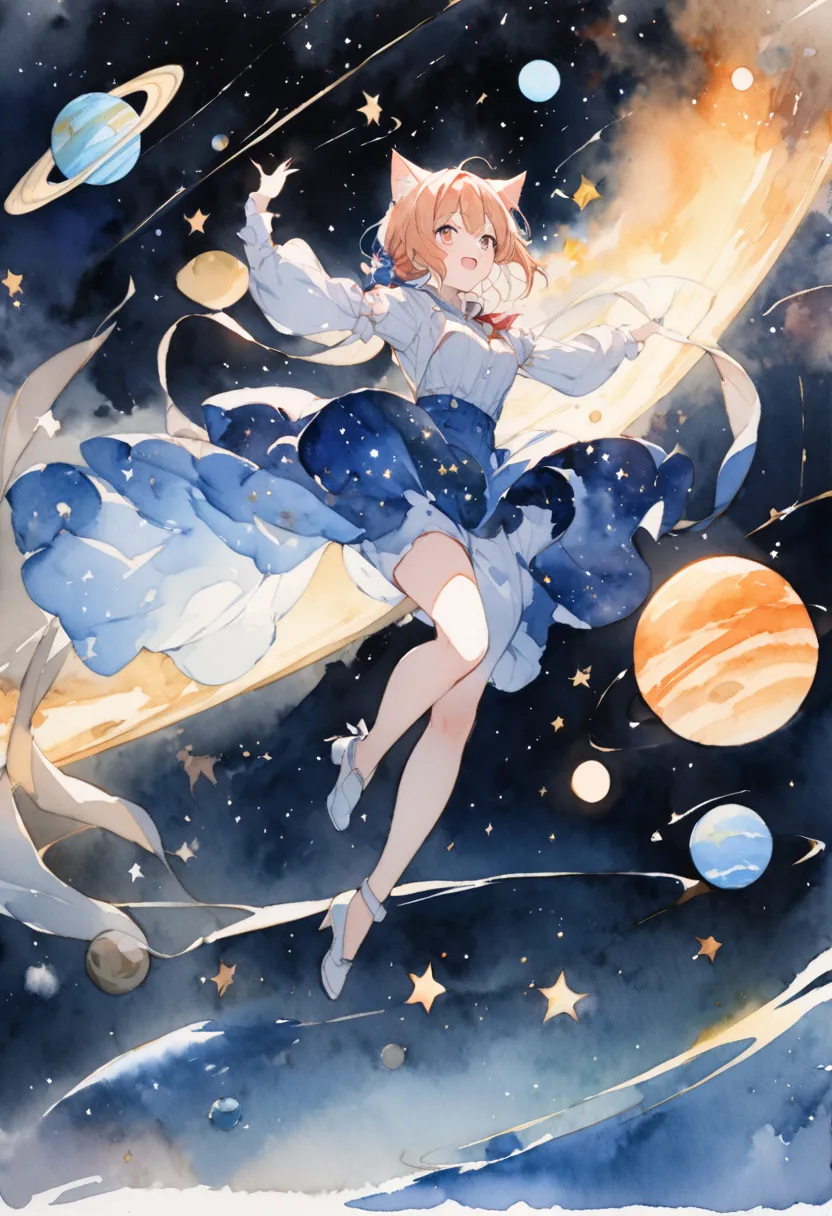 Cat dancing in space，watercolor painting，Masterpiece，sky full of stars，There are one or two planets