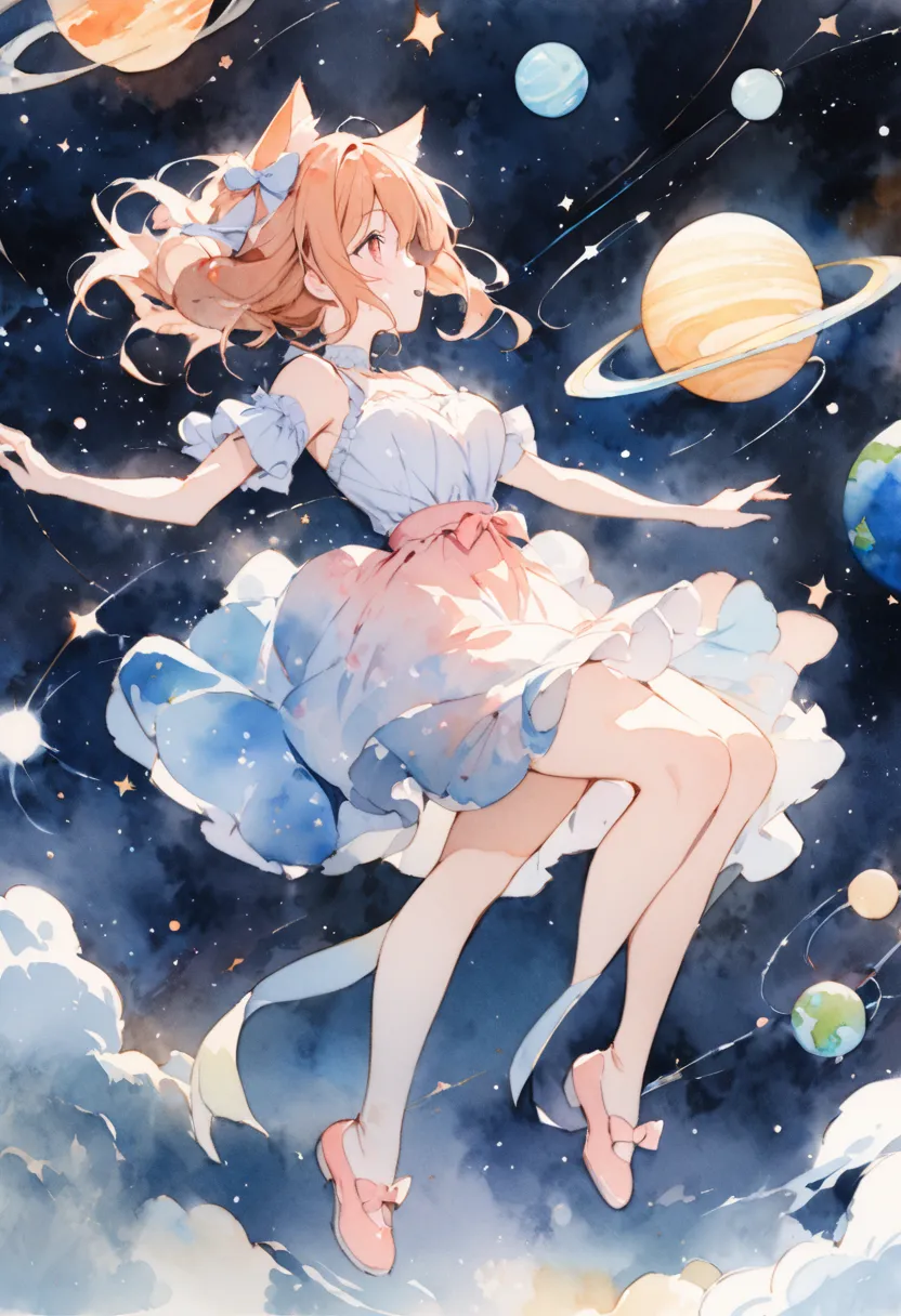 Cat dancing in space，watercolor painting，Masterpiece，sky full of stars，There are one or two planets