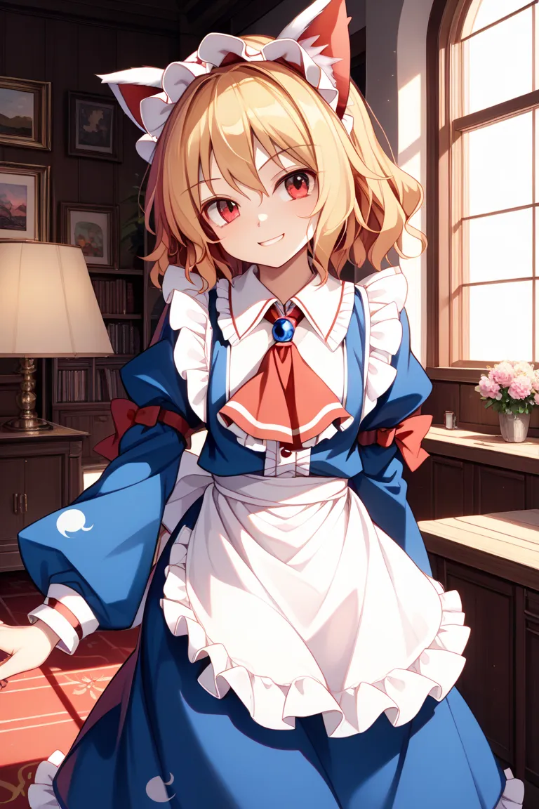 ((((Flemish Scarlet from Touhou Project))))、(((pastel blue coat color)))、((cute cat ears))(( red eyes))、Smile、(((pastel burgundy maid clothes with frills)))、inside a big pink Western-style house、I can see my whole body down to my toes、20th Generation、Heigh...