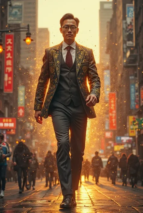 A colossal asian male figure, towering above the bustling city streets, dressed in an impeccably tailored office suit infused with divine, otherworldly elements. His attire blends classic professionalism with intricate, celestial patterns glowing faintly w...