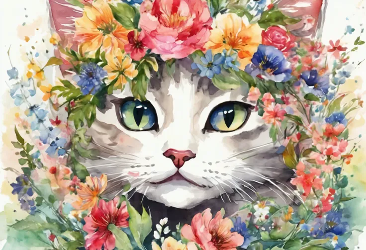 Cats have flower crowns on their heads , cute detailed artwork,  Beautiful Expressive Paintings , Cat Design, Cat Details, Cats and plants, Covered with flowers,   watercolor illustration , Detailed watercolor painting, Made with wildflowers,  full of faun...