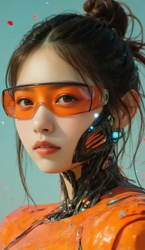 A highly detailed portrait of a futuristic female cyborg with a sleek and edgy appearance. Her dark, messy hair is tied back into a casual yet functional style, with loose strands framing her face. She wears a glowing orange visor that covers her eyes, con...