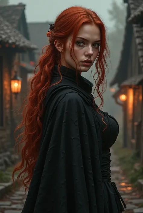 realistic photography, Masterpiece, Portrait, Masterpiece, action pose, From back, young, seductive redhair female Witch apprentice, flames in brown eyes, black cloak, confident face, delicate detail. ultra details. highly detailed characters, dark atmospe...