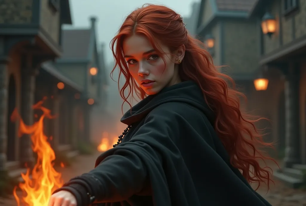 realistic photography, Masterpiece, Portrait, Masterpiece, action pose, From back, young, seductive redhair female Witch apprentice, flames in brown eyes, black cloak, confident face, delicate detail. ultra details. highly detailed characters, dark atmospe...