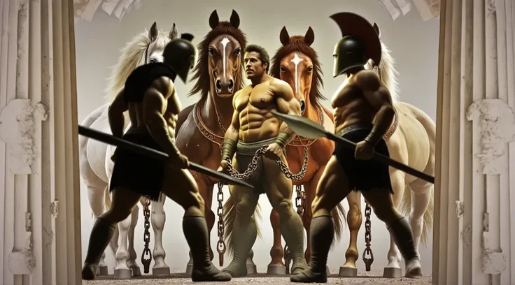 Hercules is leading four horses, each a different color: caramel, white, brown, and black. The horses are behind him, being pulled by chains. Two Greek guards, armed with spears, surround Hercules, preventing him from moving forward with the animals. The g...