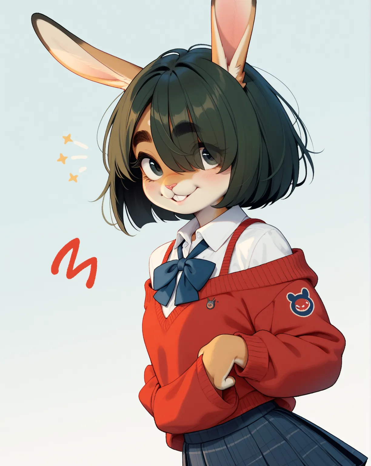 (furry rabbit face:0.9), girl , skinny , bob cut , beautiful hair over the eyes , Long eyelashes , Thick eyebrows , Double eyelids , Overbite , Sloping shoulders
, school uniform , jumper skirt
, bold pose , coquettish , sexsymbol