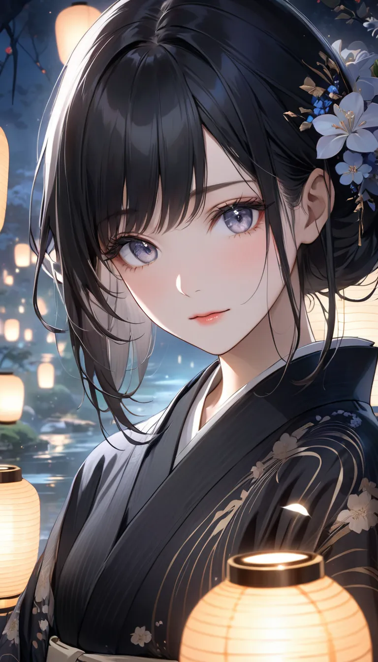 A close-up of a beautiful woman with long, flowing black hair wearing a black yukata. She gazes alluringly at the viewer with a soft, elegant expression, her features highlighted by the gentle moonlight. The background is an ethereal, dreamlike Japanese ni...