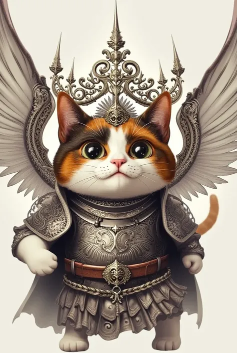 a calico cute chubby cat with the exaggerated big eyes is wearing a mysterious armor and coursed headgear, in a fighting ftance for the justice of the cats-world