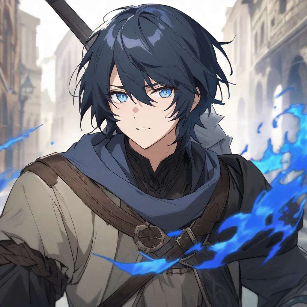 Create an anime-style image, from a male protagonist with hair that represents a dark blue fire, that the protagonist expresses a desire for revenge(not in his factions, I say that when he sees it he expresses that feeling). I'm asking you because it's for...