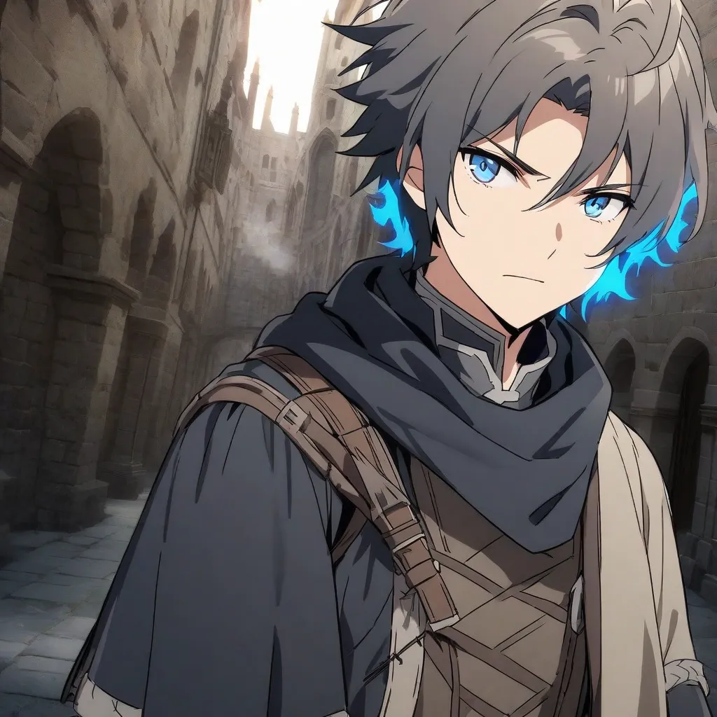 Create an anime-style image, from a male protagonist with hair that represents a dark blue fire, that the protagonist expresses a desire for revenge(not in his factions, I say that when he sees it he expresses that feeling). I'm asking you because it's for...