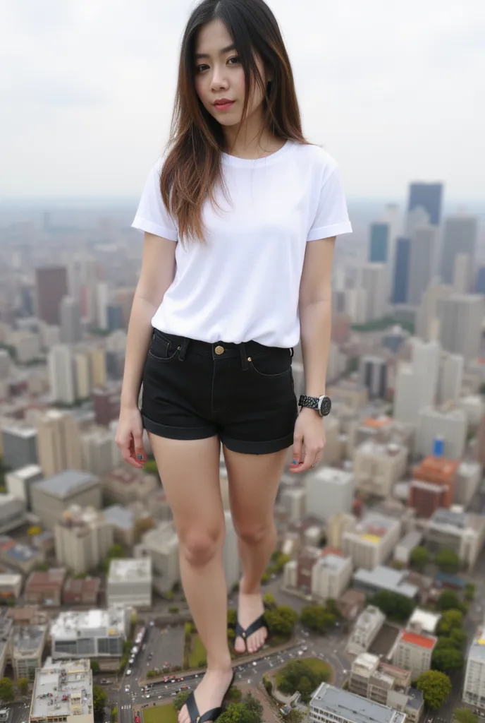 a beautiful confident white Filipina Giant woman in her 20s, detailed brown eyes, beautiful makeup and dark pink lips, extremely detailed face and long eyelashes, long straight brown hair with dark highlights, wearing a plain white short sleeve t-shirt, wi...