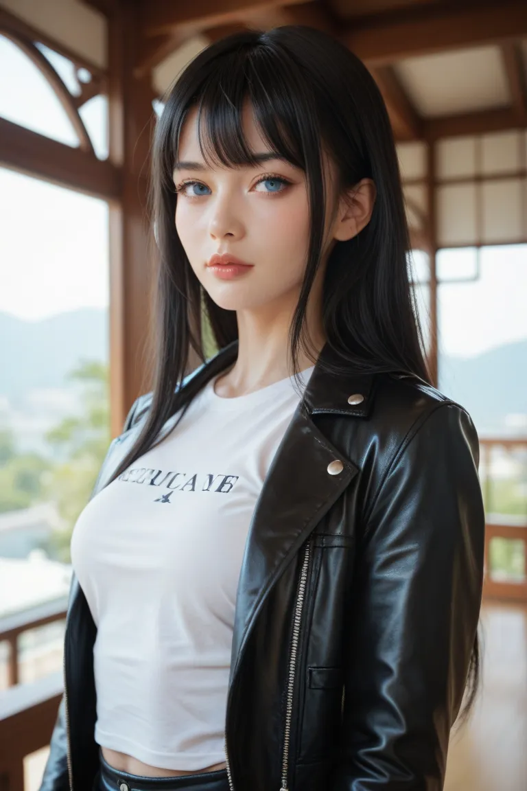 Japanese woman,  long hair,Bangs, black hair, anatómicamente correcto, blue eyes, mouth shut,  white t-shirt,  black leather jacket , Delicate and beautiful face,1girl,  athletic and defined body , curvy