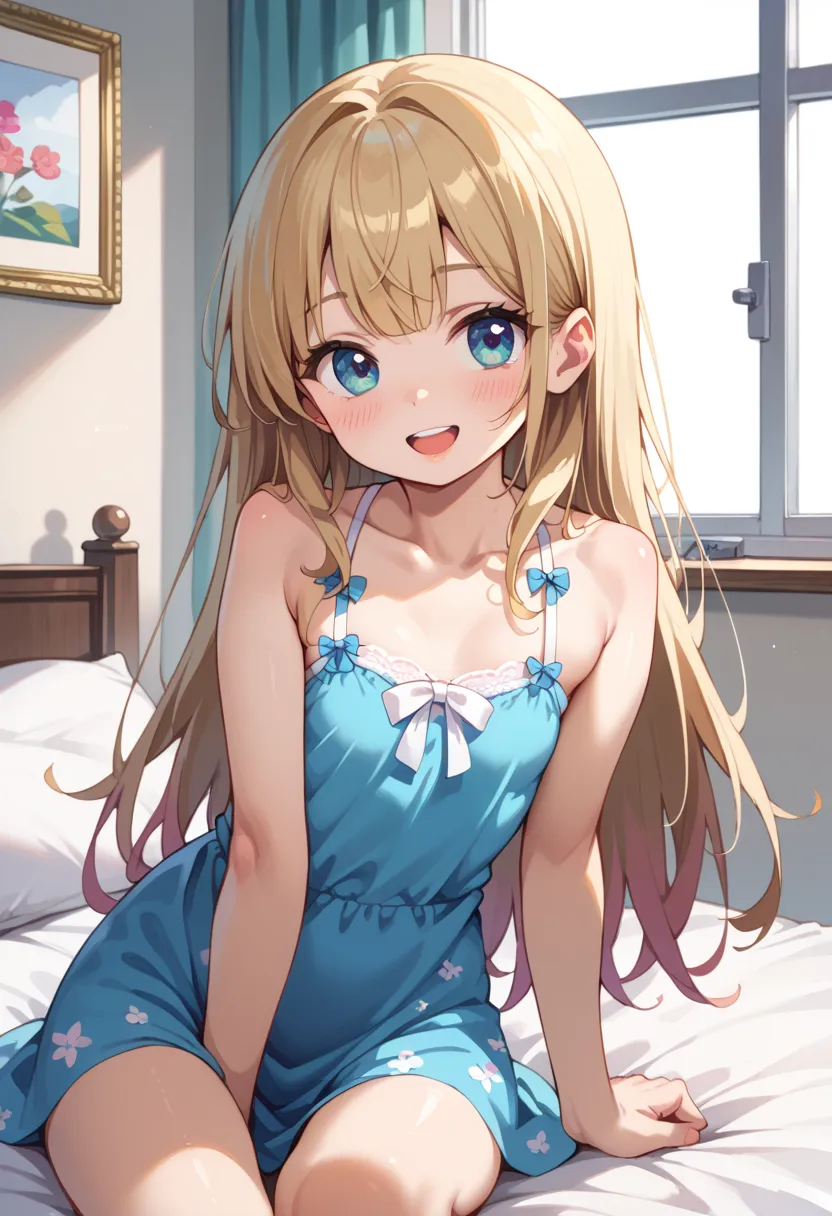 ((TOP QUALITY)), ((masterpiece)), (be familiar with),  perfect face, indoors, bedroom, watching viewers,
One woman,  Gamemun Neko ,
open mouth, ecstatic expression, blush, smile,
 small tits,  flat chest, Young girl,  lori,  ,  girl,
 long hair, long hair,...