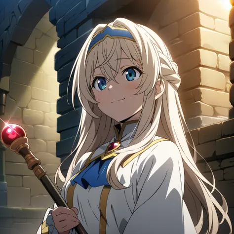 A girl, masterpiece, Highest quality, Best image quality, High resolution, Highly detailed 8k, vibrant color, bright sunlight, illustration, anime, Official Art, 
1girl, priestess \(goblin slayer!\), goblin slayer!,
light smile, holding their magic wands h...