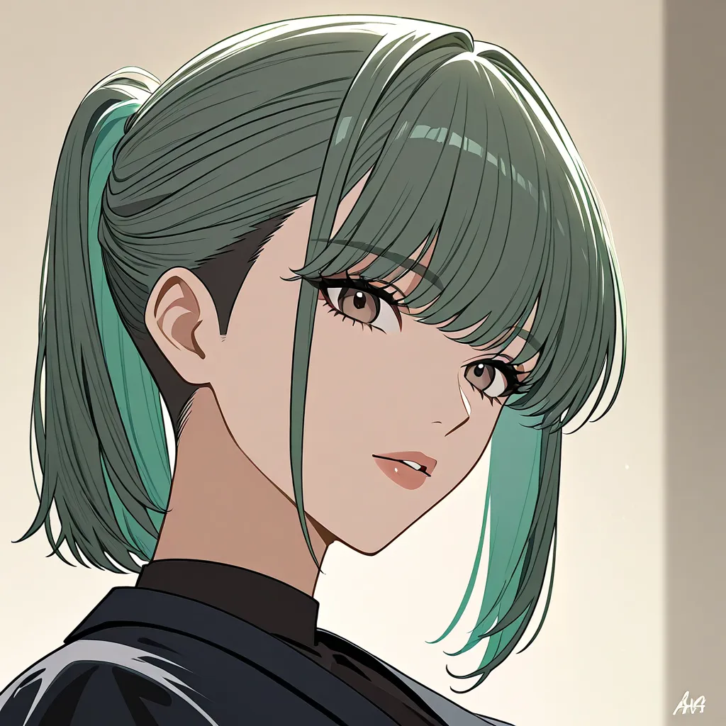 Create an anime girl with green hair and an undercut hairstyle. Below, my hair is tied into a medium fishtail ponytail and my hair is graduated to give volume below the hair and hair in the style of a wolf cut.