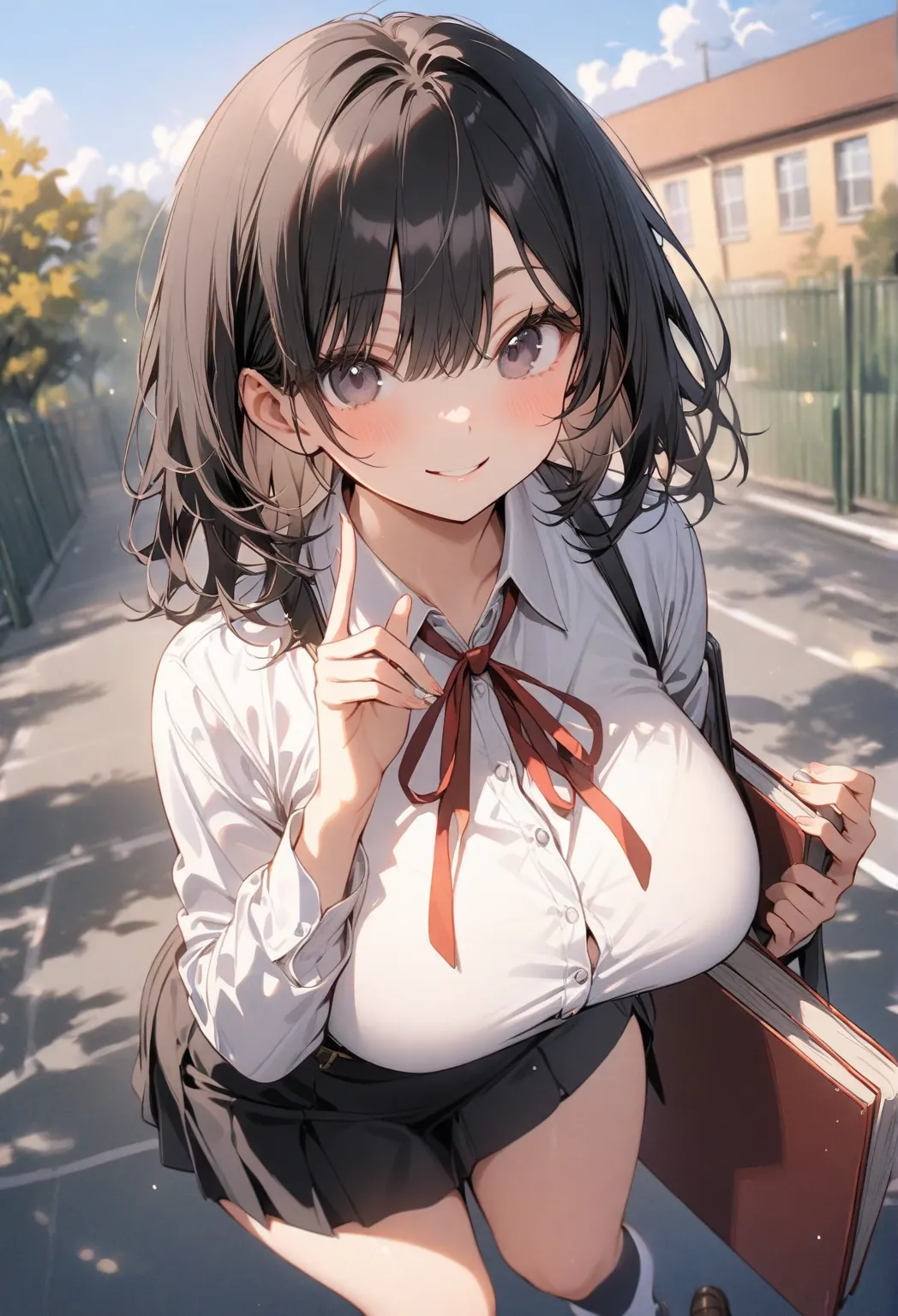 Best quality, One girl, beautiful, proportionate body, young face, short wavy black hair, black eyes, wide hips, big breasts, white dress shirt, black suspenders, red ribbon, black skirt, socks, brown loafers, schoolyard background, holding books, smiling ...