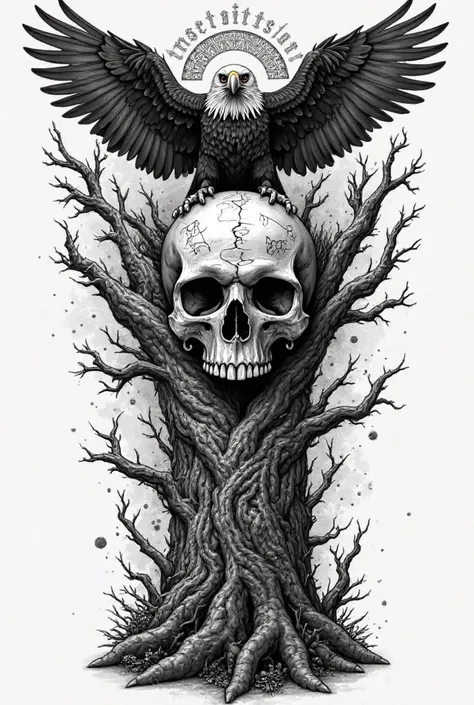 A highly detailed black and grey neo-traditional tattoo design for a full forearm sleeve. The central element is Yggdrasil, the Norse Tree of Life, with a thick, gnarled trunk that merges seamlessly with a realistic, cracked skull. The skull is partially f...