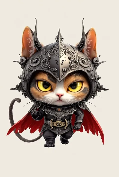 a calico cute chubby cat with the exaggerated big eyes is wearing a mysterious armor and coursed headgear, in a fighting ftance for the justice of the cats-world