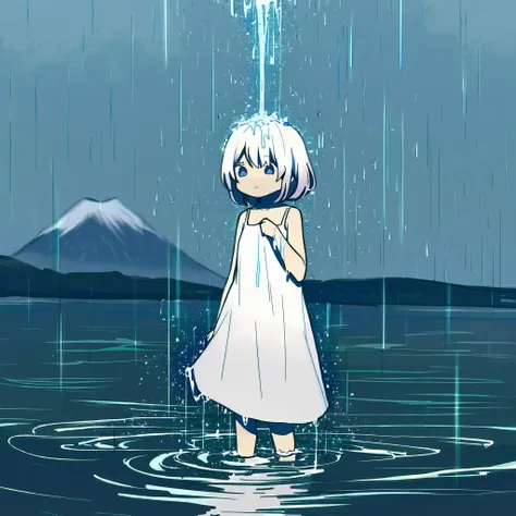 score_9, score_8_up, score_7_up, Masterpiece, UHD, Accurate, Anatomically Correct, High Quality, Hyperdetailed, 1girl, Solo, Girl standing in the rain, Newborn skin, White dress, "The pouring rain turns into waves, creating a baskdrop reminiscent of Thirty...