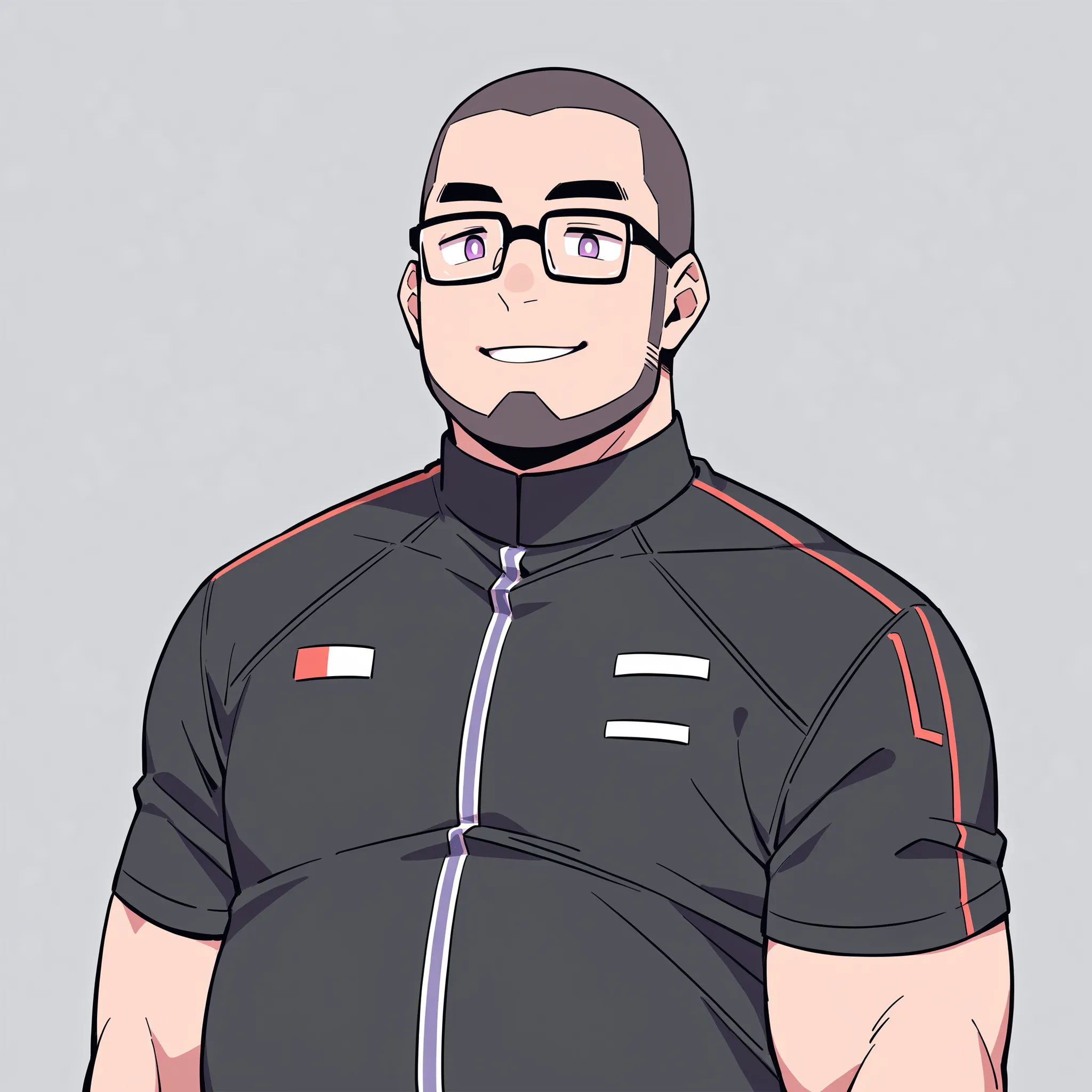 anime characters：1man, adult, chubby, fat, belly, large shoulders, male focus, black short sleeve outfit, black clothes, black boots, cargo pants, only, athletic skinny male, only, Upper body, alone, very short hair, buzz cut, black beard, thick beard thic...