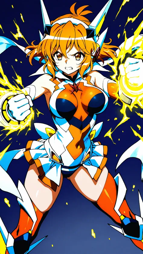 high quality，high resolution，
1 girl,  Senki Zesshou Symphogear，Hibiki Tachibana，
orange hair，
Transformation，
Clench your fist，