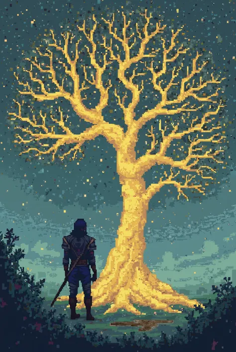 Can you make an elden ring inspired pixel art image, but could you make the color palette a little more ethereal and maybe make the character stare at the Erdtree from a distance. I want the Erdtree's branches to be long, where they might even exit the ima...