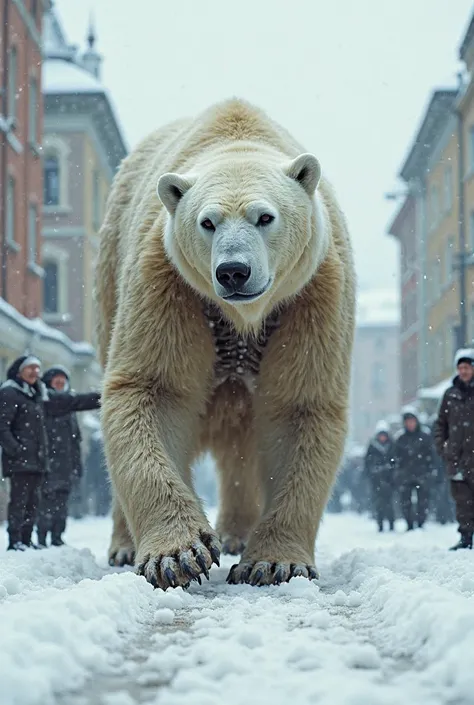 A very massive white bear looking I'll with all his Bones outside his body because of illness walking on the streets of snow Russia, with people laughing at him