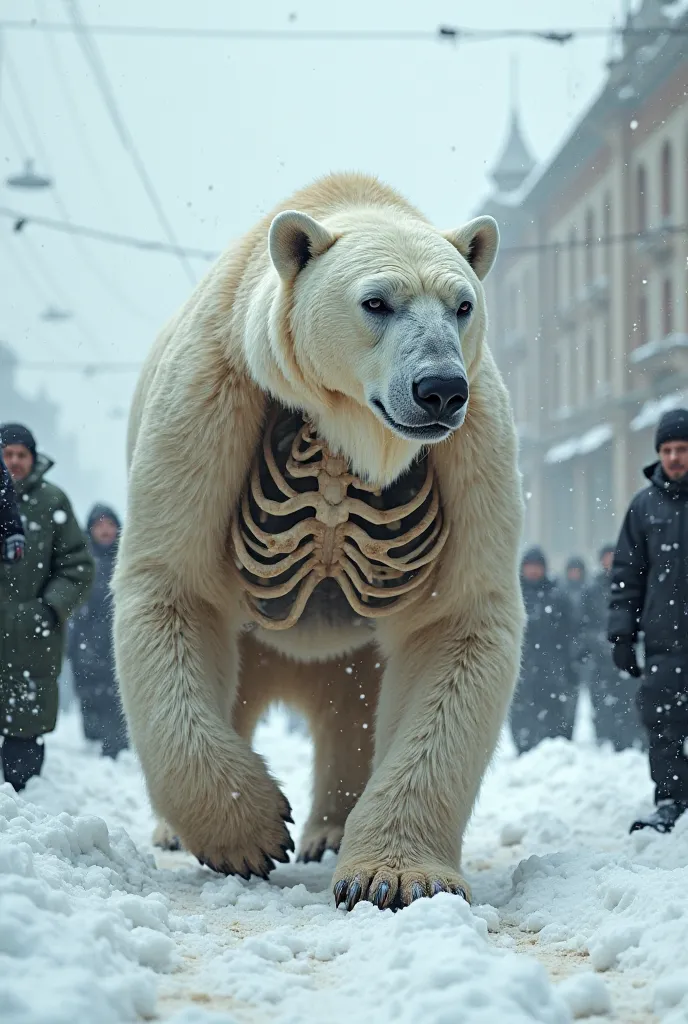 A very massive white bear looking I'll with all his Bones outside his body because of illness walking on the streets of snow Russia, with people laughing at him