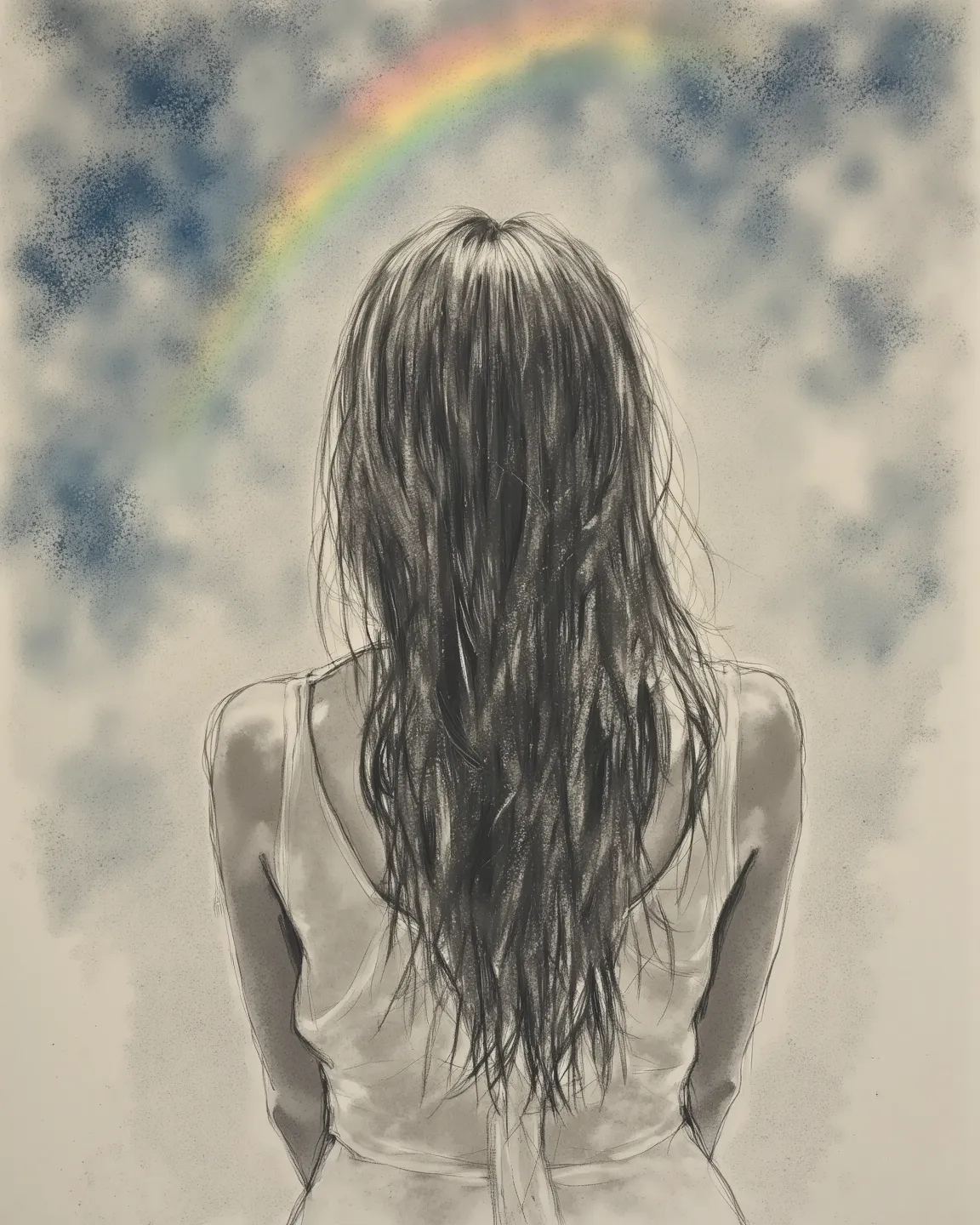 charcoal painting, sketch texture,     , rainbow appears in the sky, spot color\(rainbow\), portrait, water droplets on glass in foreground, long hair,  back view, from behind, watching a rainbow, wearing a dress, after the rain, (masterpiece, best quality...