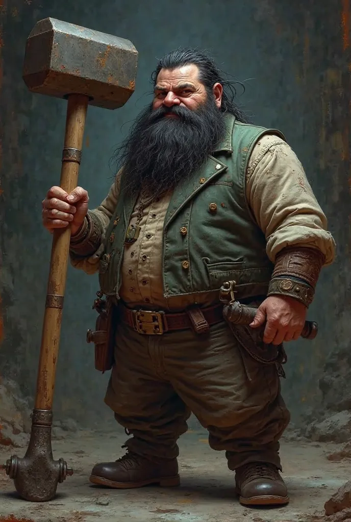 A Dwarf in dress clothes,  holding a sledgehammer , With hair and a black beard