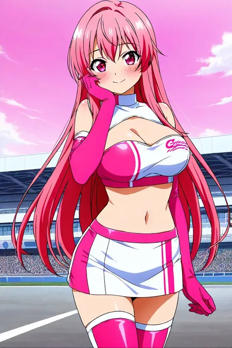 anime screencap, 1girl, solo, looking at viewer, cowboy shot, race queen, pink clothes, pink bandeau top, crop top, midriff, navel, pink miniskirt, pink elbow gloves, thighhighs, pink hair, long hair, pink eyes, large breasts,  smile, blush, closed mouth, ...