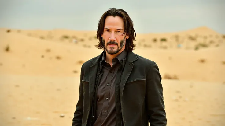 Photorealistic image of Keanu Reeves, standing unshakably in a harsh desert landscape,  with an expression of determination on his face , man, with hints of ongoing conflict.