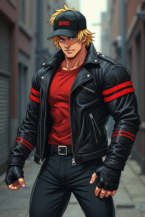 ANIME MATURE STYLE. A MUSCULAR BLONDE MAN IN. BLACK LEATHER JACKET (DOUBLE RED STRIPES SLEEVES) AND trucker cap, RED HOOED t-shirt, blond HAIR, BLACK denim pants, BLACK SAFETY SHOES, RECTANGULAR belt, fingerless DRIVING gloves, fighting stance, DARK ALLEYW...