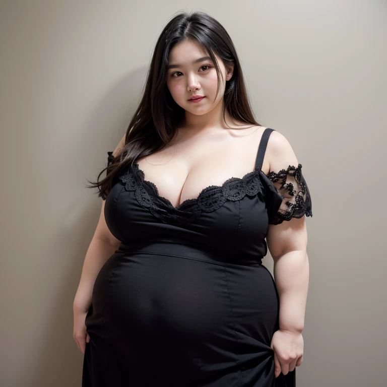 ((((bbw)))) Masterpiece, High Quality, Solo, a woman with long hair is posing for a picture, breasts, large breasts, black hair, dress, cleavage