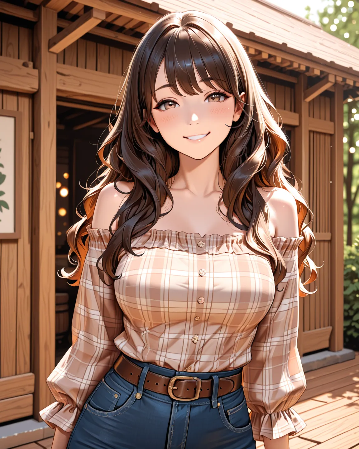 8k, masterpiece, highest quality, Asian woman, shoulder-length wavy hair, bright smile, off-shoulder plaid shirt, blue jeans, brown belt, outdoor setting, wooden structure, bokeh background, natural lighting, portrait photography, warm tones, candid pose, ...