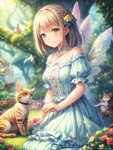 An enchanting illustration featuring two cute human girls with gentle smiles and playful expressions, accompanied by three adorable cats in various playful poses. Nearby, a delicate fairy with shimmering wings floats gracefully, adding a touch of magic. Th...