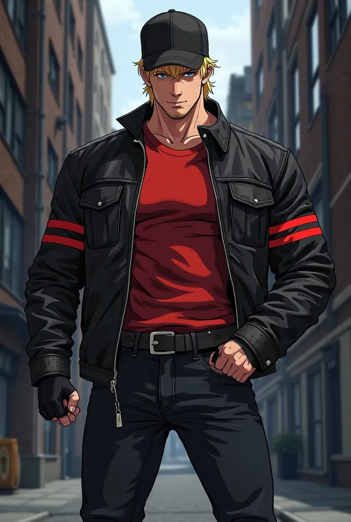 ANIME MATURE STYLE. A MUSCULAR BLONDE MAN IN. BLACK LEATHER JACKET (DOUBLE RED STRIPES SLEEVES) AND trucker cap, RED HOOED t-shirt, blond HAIR, BLACK denim pants, BLACK SAFETY SHOES, RECTANGULAR belt, fingerless DRIVING gloves, fighting stance, DARK ALLEYW...