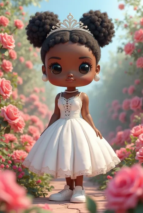 funko pop 3D illustration with no mouth and a black woman, chubby cute,
Short black afro hair with a thin tiara and short veil well with .  white princess-style dress With voluminous skirt and marked waist, this model provides a romantic and feminine look....