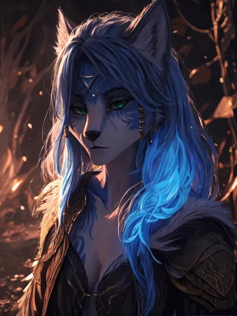 ((krystal)), Star Fox-Krystal, lovable,       green eyes, (((   Long blue hair 1  .3))),  cleavage, anthro, blurred,  detailed Fluffys fell,    detailedes Gesicht , (Fluffy),      1 girl, ,woman, Goth,       green eyes, Undercut,  Ultrarealistic 8k CG   , ...