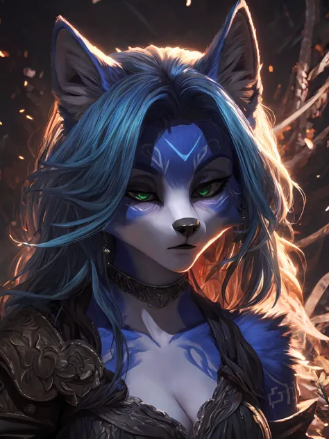 ((krystal)), Star Fox-Krystal, lovable,       green eyes, (((   Long blue hair 1  .3))),  cleavage, anthro, blurred,  detailed Fluffys fell,    detailedes Gesicht , (Fluffy),      1 girl, ,woman, Goth,       green eyes, Undercut,  Ultrarealistic 8k CG   , ...